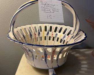 #72 RC+CL Hand Painted in Portugal Ceramic Lattice Weaved Footed Basket $15.00