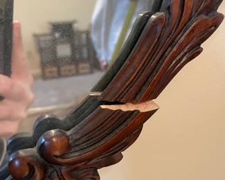 #14 Vintage Antique Georgian Style Wood "Mahogany" Vanity with glass top and Oval mirror (39x28) French Provencial style - 48w x 29h x 19.5d (as is finish and chip pictured) $75.00