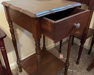 #18 Antique Sheraton one-drawer side table stand with spindle legs and storage shelf. - 27h x 15square $30.00