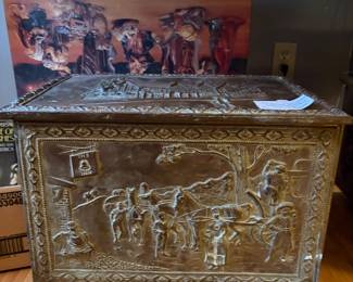 #61 Antique Brass Wrapped Embossed Relief Lined kindling Box "The Inn" - 18x12x11.5 $40.00