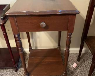 #18 Antique Sheraton one-drawer side table stand with spindle legs and storage shelf. - 27h x 15square $30.00