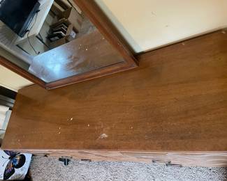 #45 Kling - Mahogany Dresser. 6 drawers and attached mirror. As is finish. 32.5h (45.5" mirror) x 62.5w x 20d $125.00