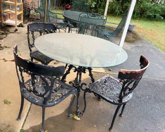 #65 Painted Metal Scroll Patio Set with glass top table - Chair Set of 3 - as is finish chipped $40.00