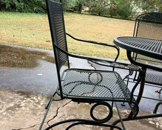 #63 Green Wrought Iron Oval Patio table and 4 bouncer chairs - *as is wear* $150.00