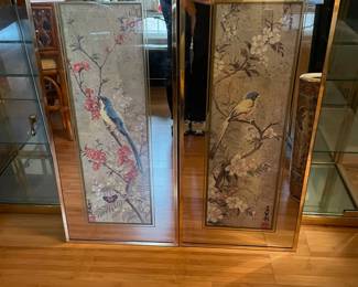 #69 MCM 2pc Set Bryton Mechanical Mirror Chinese Silk Bird Print Wall Art - 29x13 $60.00