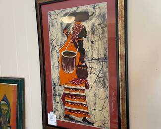 #116 Vintage Tribal African Batik Waxed Cloth Art - Framed 22x32 $45.00