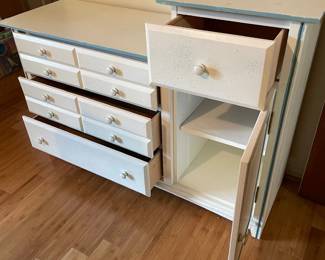 #3 Dining Room Changing table (White and robin blue hand painted) 4 Drawers, 1 door, 1 shelf, - 52wX37.5hX18d $50.00