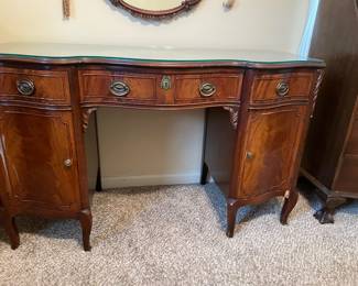 #14 Vintage Antique Georgian Style Wood "Mahogany" Vanity with glass top and Oval mirror (39x28) French Provencial style - 48w x 29h x 19.5d (as is finish and chip pictured) $75.00