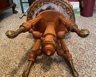 #13 Antique Holtzman and Sons Piano Stool with brass foot and carved wood. - adjustable. As is wea and repairs.. Restored in 1972. 20.5"tall (adjustable lower) 19.5 width $65.00