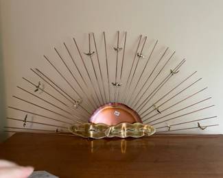 #132 Mid Century Modern Large Sunburst Metal Wall Hanging w/Birds $65.00