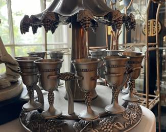 #51 Vintage Jewish Pewter Kiddish Wine Fountain Cup w/12 Goblets 3.5" Judaica Grape Motif - Excellent Condition 14 pcs 16x12 $125.00