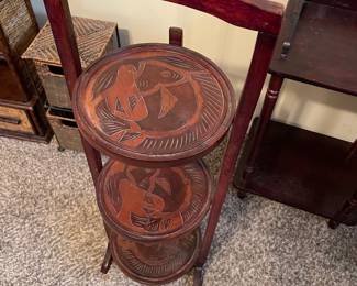#20 Traditional Vintage Haitian three tier "mahogany" folding pie or pastry stand. - fish carvings - 34h x 11d $125.00