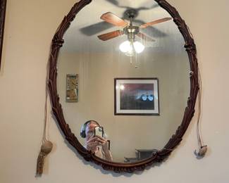 #14 Vintage Antique Georgian Style Wood "Mahogany" Vanity with glass top and Oval mirror (39x28) French Provencial style - 48w x 29h x 19.5d (as is finish and chip pictured) $75.00