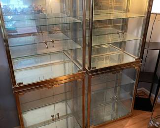 #8 Brass-like metal, mirrored display curio cabinets/vitrine (set of four) - magnetic closure with 2 doors and 2 glass shelves. 24wx12dx27.5h (50 each) $50.00