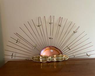 #132 Mid Century Modern Large Sunburst Metal Wall Hanging w/Birds $65.00