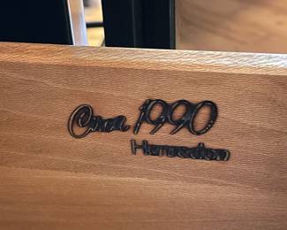 #5 living room Henredon circa 1990 lighted bar cabinet. Black lacquer, brass, mahognay burled wood, four doors, three drawers.(as is finish pictured) 82 x 19 x 27 $1,500.00