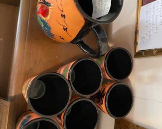 #100 Handpainted Terracotta Clay Pitcher and Cup set - 7 pcs $22.00