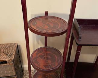#20 Traditional Vintage Haitian three tier "mahogany" folding pie or pastry stand. - fish carvings - 34h x 11d $125.00