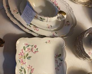#75 Edelstein Bavaria Bone China - German "Honeysuckle" : Square Veg Bowl, 2 platters and Gravy Boat/Underplate $50.00