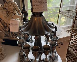 #51 Vintage Jewish Pewter Kiddish Wine Fountain Cup w/12 Goblets 3.5" Judaica Grape Motif - Excellent Condition 14 pcs 16x12 $125.00