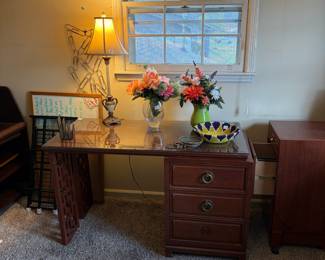 #24 Adjustable desk with glass top - as is finish, missing drawer hardware. asian style legs. 48w x 29.5h x 24d $20.00