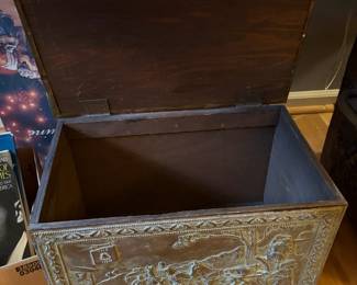 #61 Antique Brass Wrapped Embossed Relief Lined kindling Box "The Inn" - 18x12x11.5 $40.00