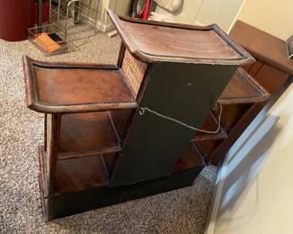 #21 Vintage Chinoiserie Burnt Bamboo Pagoda Wall Display Shelf - 3 drawers mirrored back. Wicker accents. - 27h x 29w x 7.5d $100.00
