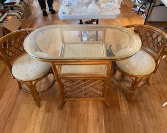 #11 Rattan Indonesian oval honeymoon set (2 chairs) - glass top with wicker shelf. 40x31x20.5 $225.00
