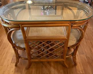 #11 Rattan Indonesian oval honeymoon set (2 chairs) - glass top with wicker shelf. 40x31x20.5 $225.00