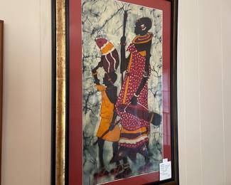 #119 Vintage Tribal African Batik Waxed Cloth Art - Framed 22x32 $45.00