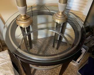 #39 Glass Top Metal and Wood round side table - 23.5h x 28.5 round. $30.00