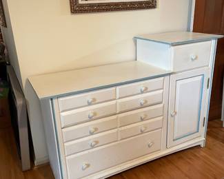 #3 Dining Room Changing table (White and robin blue hand painted) 4 Drawers, 1 door, 1 shelf, - 52wX37.5hX18d $50.00