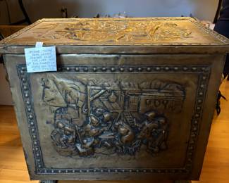 #62 Antique "The Pub" Brass Wrapped Embossed Relief Wood Lined Footed Dual Handled Coal Scuttle Box - 26x18x15.5 $65.00