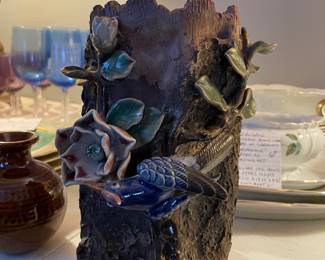 #50 Shiwan Pottery Stamped Shek Wan Art - Flame Glazed Flower Bird Tree Wall Pocket Vase - 9x8x5.25 $100.00