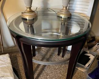 #39 Glass Top Metal and Wood round side table - 23.5h x 28.5 round. $30.00