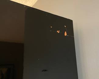 #5 living room Henredon circa 1990 lighted bar cabinet. Black lacquer, brass, mahognay burled wood, four doors, three drawers.(as is finish pictured) 82 x 19 x 27 $1,500.00