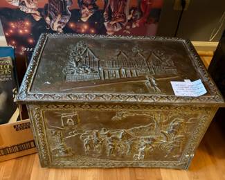 #61 Antique Brass Wrapped Embossed Relief Lined kindling Box "The Inn" - 18x12x11.5 $40.00
