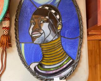 #124 T BIRKS Signed 2008 - Ndebele South African Woman Mixed Media Glass Sun Catcher - 16x10.5 $60.00