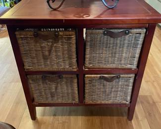 #34 4 Drawer Wood Storage Unit with Wicker pullout baskets -25.5h x 25.5w x 15.5d $35.00