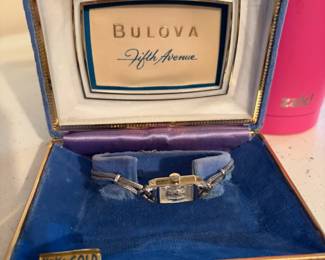 #57 Vintage Bulova Fifth Avenue 14kt White Gold w/stainless Steel clasp $300.00