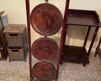 #20 Traditional Vintage Haitian three tier "mahogany" folding pie or pastry stand. - fish carvings - 34h x 11d $125.00