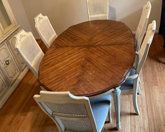#1 Dining Room Stanley Furniture French Provencial Style Dining table with 6 cane back chairs (1 captains chair) Hand-painted cream and robin blue - as is finish. 64Lx29Hx42W $175.00