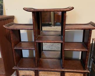 #21 Vintage Chinoiserie Burnt Bamboo Pagoda Wall Display Shelf - 3 drawers mirrored back. Wicker accents. - 27h x 29w x 7.5d $100.00