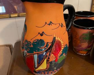 #100 Handpainted Terracotta Clay Pitcher and Cup set - 7 pcs $22.00