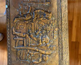 #62 Antique "The Pub" Brass Wrapped Embossed Relief Wood Lined Footed Dual Handled Coal Scuttle Box - 26x18x15.5 $65.00