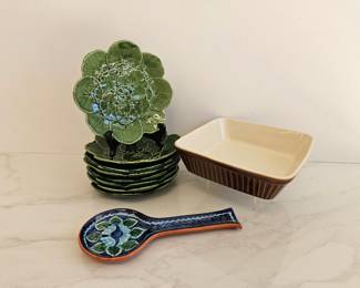 Lot 8991 Portuguese Geranium Leaf Plates  Spoon Rest  Casserole Dish