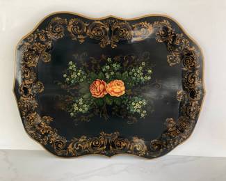 Lot 9239 Vintage Handpainted Gertrude Rose Toleware Tray