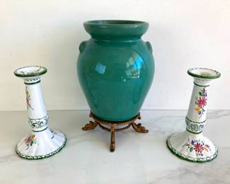 Lot 9262 Pottery Vase  Portuguese Candlesticks