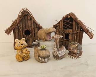 Lot 8931 Ceramic Animal Figures  Rustic Bark Birdhouses