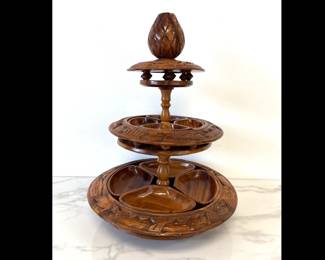 Lot 9179 Vintage 3Tiered Hand Carved Monkey Pod Tiki Lazy Susan Server